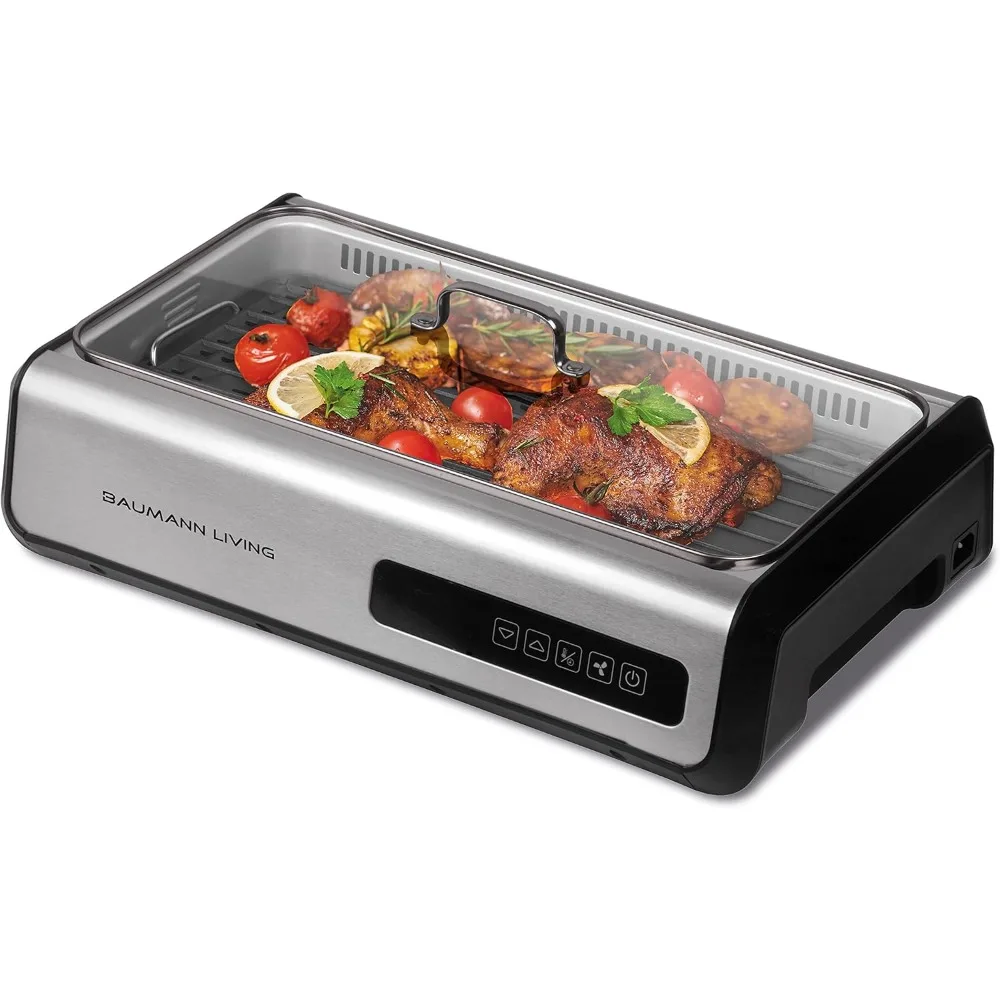 Indoor Smokeless Grill 1500W with Smart LED Touch Screen, Tempered Glass Lid, 2 Removable Ceramic Nonstick Grill