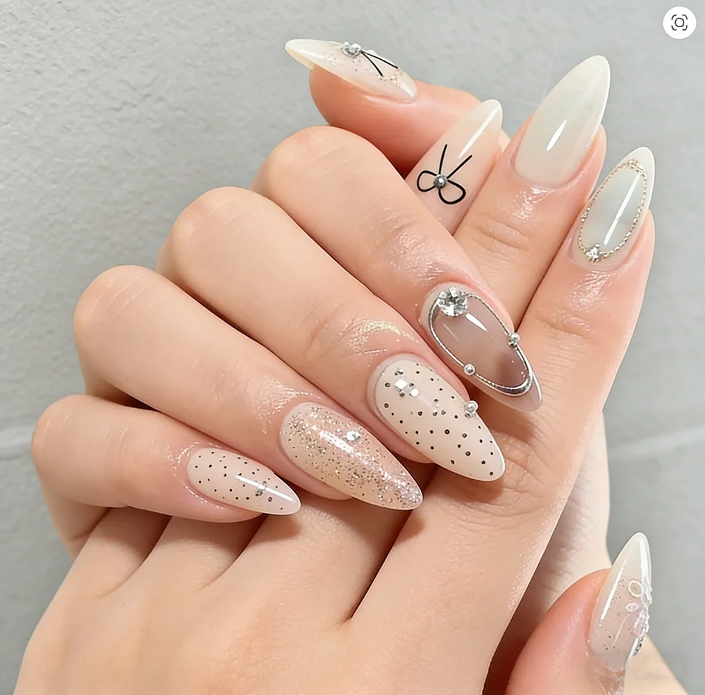 

24Pcs Nude Almond Press On Nails Silver Outline Black Bow Full Cover Fake Nails With Rhinestone Glitter Nail Decor Y2K FalseNail