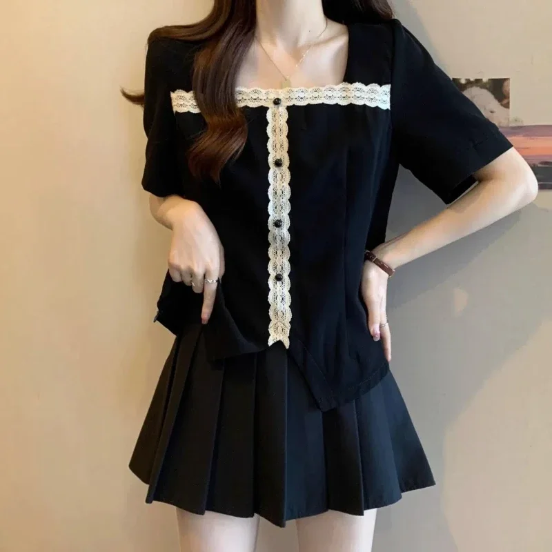 Sweet Lace Patchwork Loose Youth T Shirts New Short Sleeve Solid Plus Size Fashion Tops Casual High Street Women Clothing XQ381