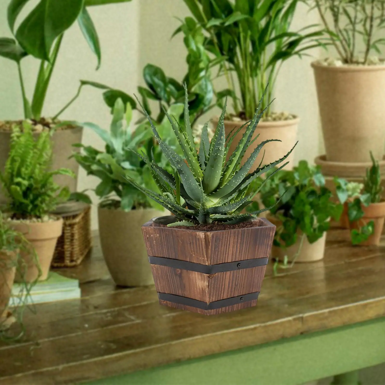 

Wood Barrel Planter Ornament Flower Holder for Outdoor Patio Gardening Lover