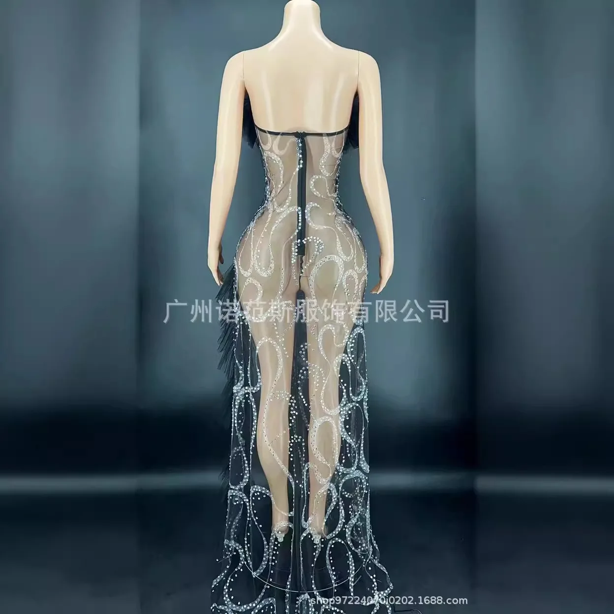 Black Stacked Yarn Backless Rhinestone Slim Tube Top Sleeveless Dress For Car Model Red Carpet Catwalk Body Transparente Flecos
