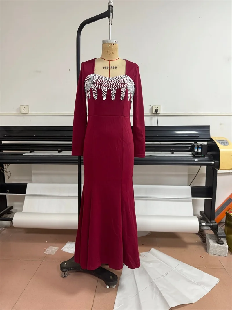 Pearls Burgundy Prom Dress Sexy Square Full Sleeves Long Party Gown Formal Wedding Guest Birthday Evening Robe