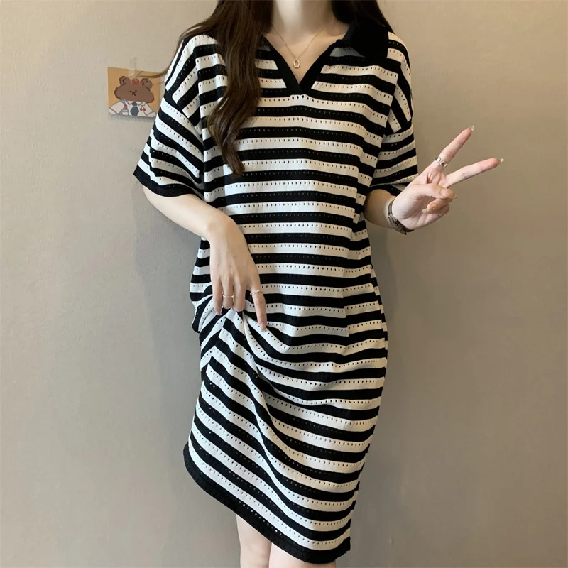 

Korean Style Striped V-Neck Polo Collar Dresses For Women Summer Fashion Clothing Casual Loose Sport Daily Party Female Vestido