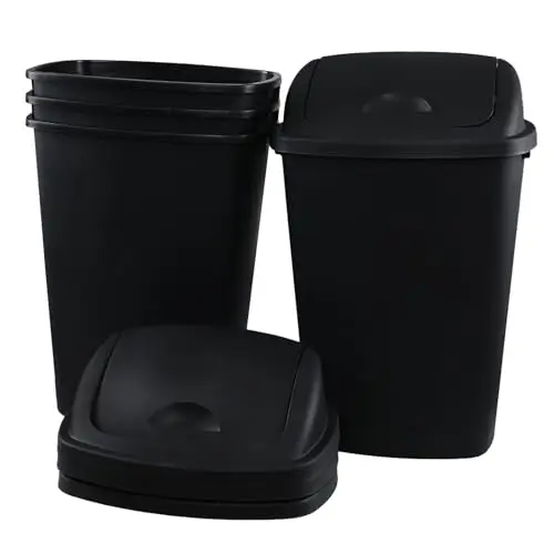 13 Gallon Plastic Waste Basket Swing Top, 4 Pack Black Trash Can