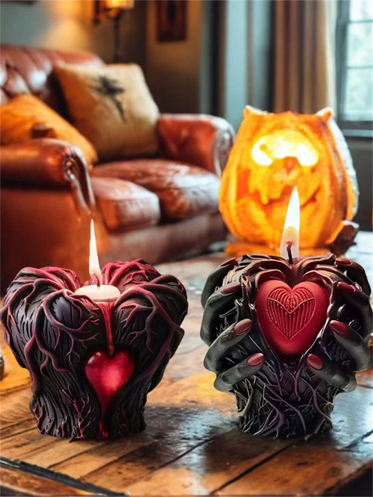 2024 3D Halloween Holding Heart Scented Candle Silicone Mold 4 Styles Holding Heart Shape Candle Mold Halloween Holiday Decor