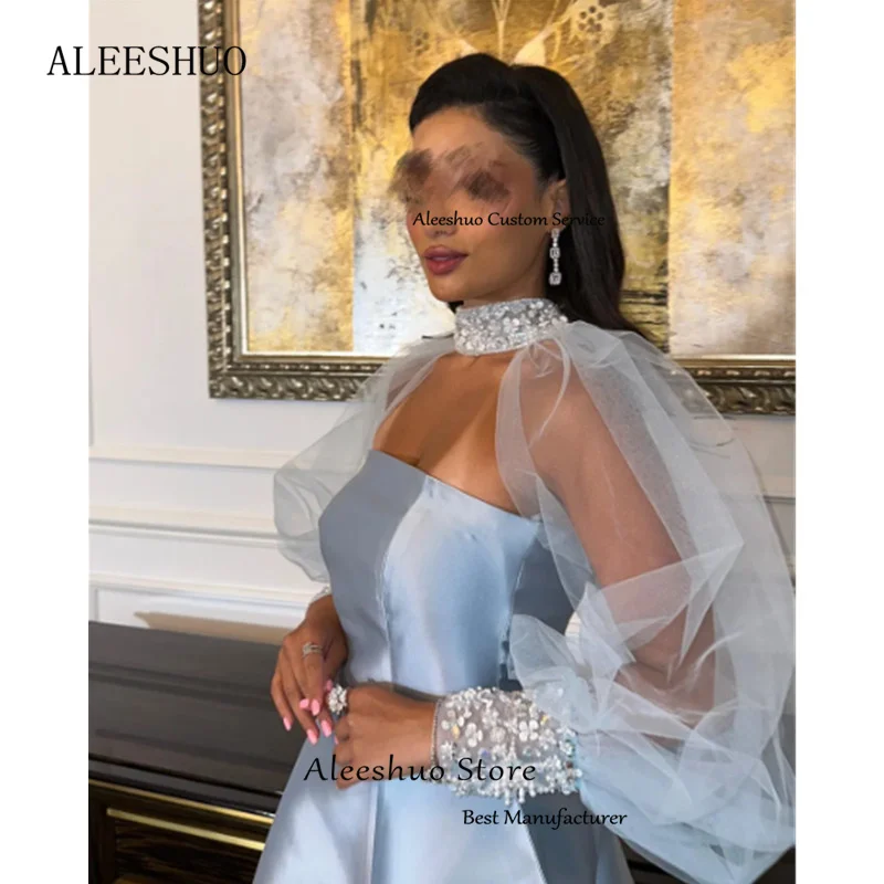 Aleeshuo Exquisite A-Line Strapless Prom Dress Beaded Sequined Long Sleeves Formal Occasions Evening Dress Pleat Party Dress