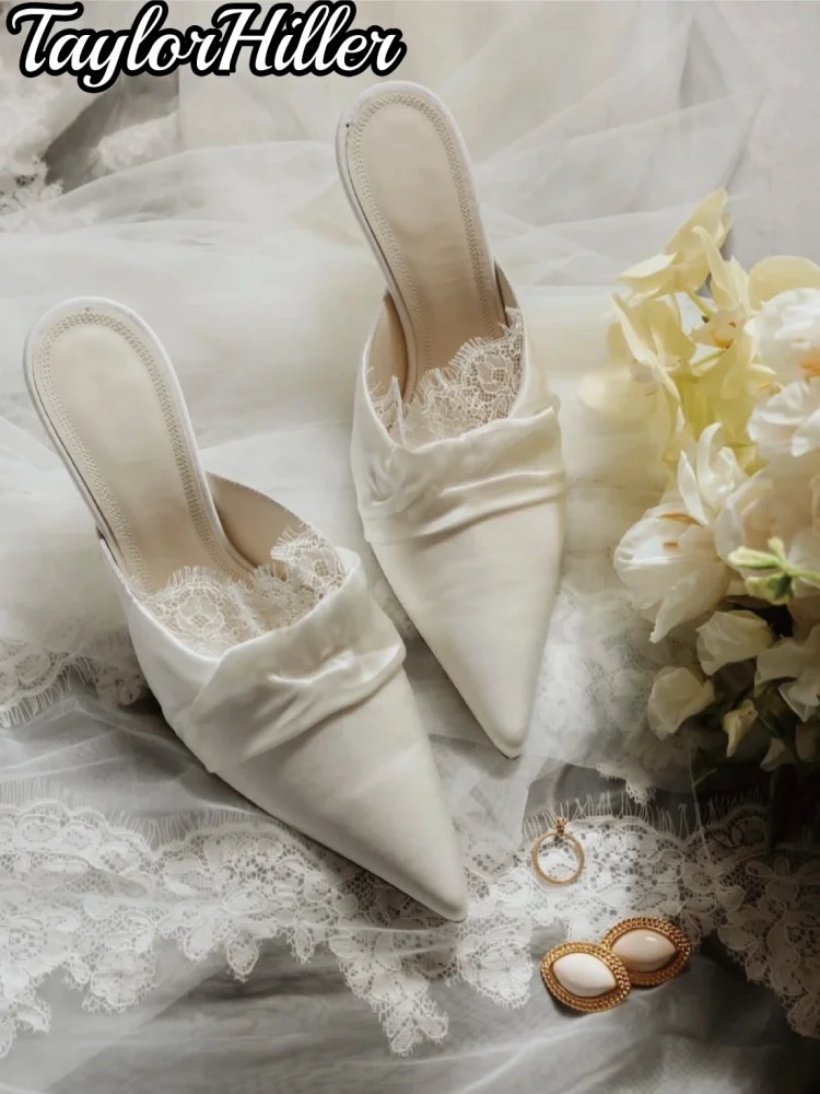 White Bridal Wedding Mule Sandals Shallow Pointy Toe Lace Pleated Slip On Pull On High Heels Slippers Elegant Dress Modern Shoes