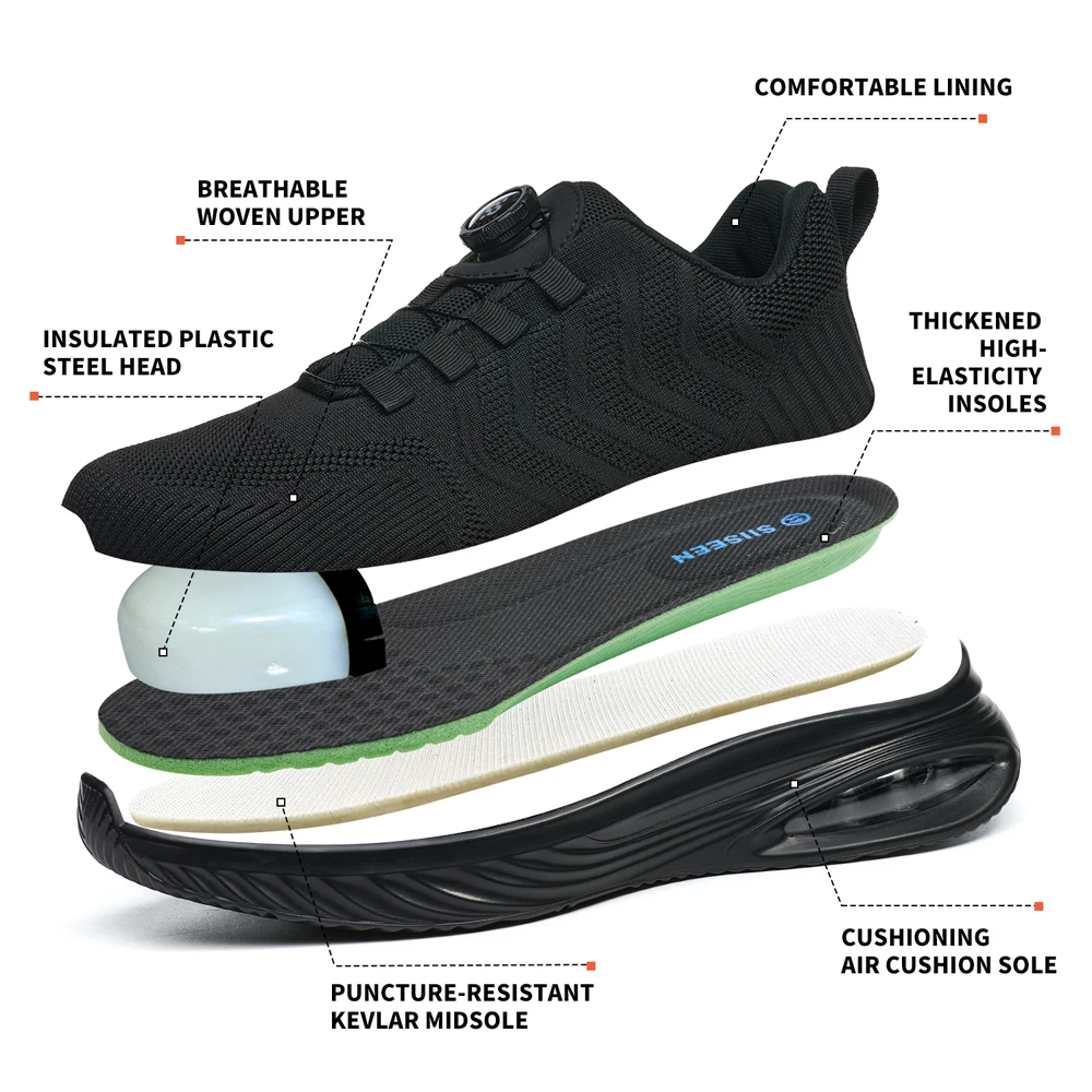 Sicherheitsschuhe mit drehbarem Knopf für Herren, Luftpolster-Arbeitsschuhe, Stahlkappenschuhe, pannensichere Sicherheitsschutzschuhe, Arbeitsstiefel