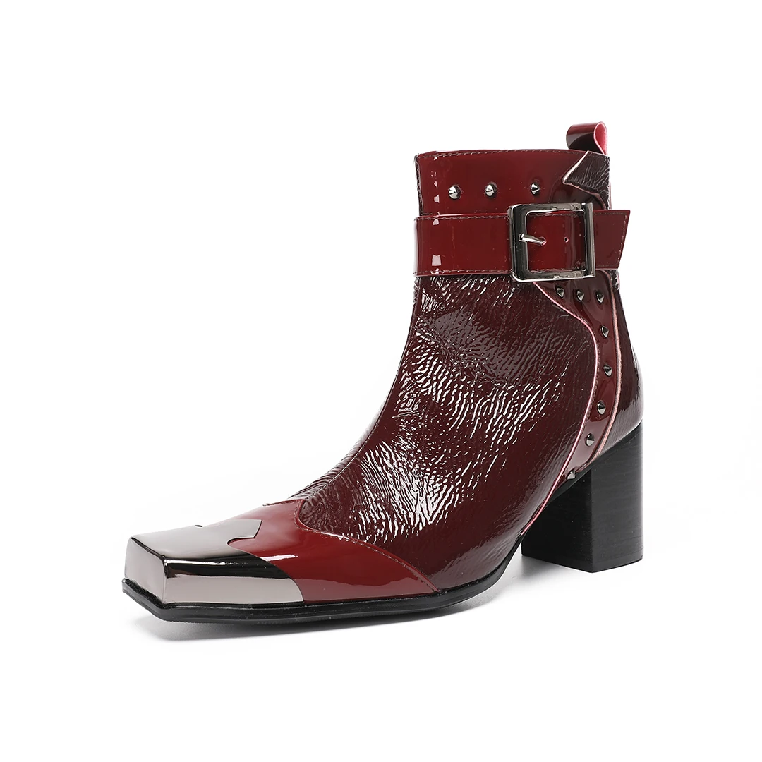 Men Wine Red Metal Square Toe Ankle Boots Block High Heels Belt Buckle Rivet Patent Leather Gothic Punk Fashion Short Boots