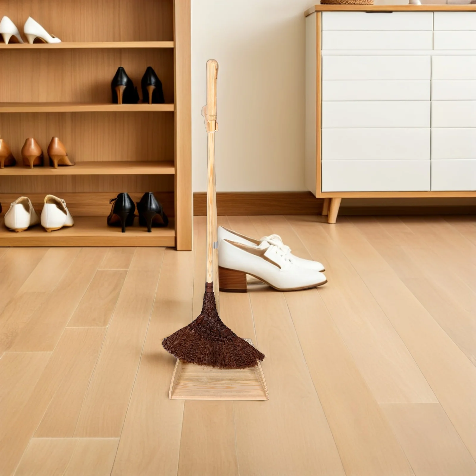 1 conjunto de vassoura e pá de estilo japonês, conjunto de fibra de palma natural, cabo longo, sem arranhões, ferramenta de varredura de chão para cozinha