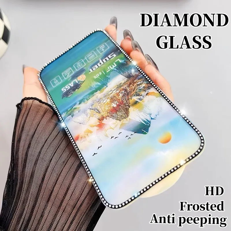 

New Diamond Plated Tempered Glass For iphone 16 15 14 13 12 11 Pro Max 3D Stereoscopic Diamond Inlaid Anti peeping Matte Glass X
