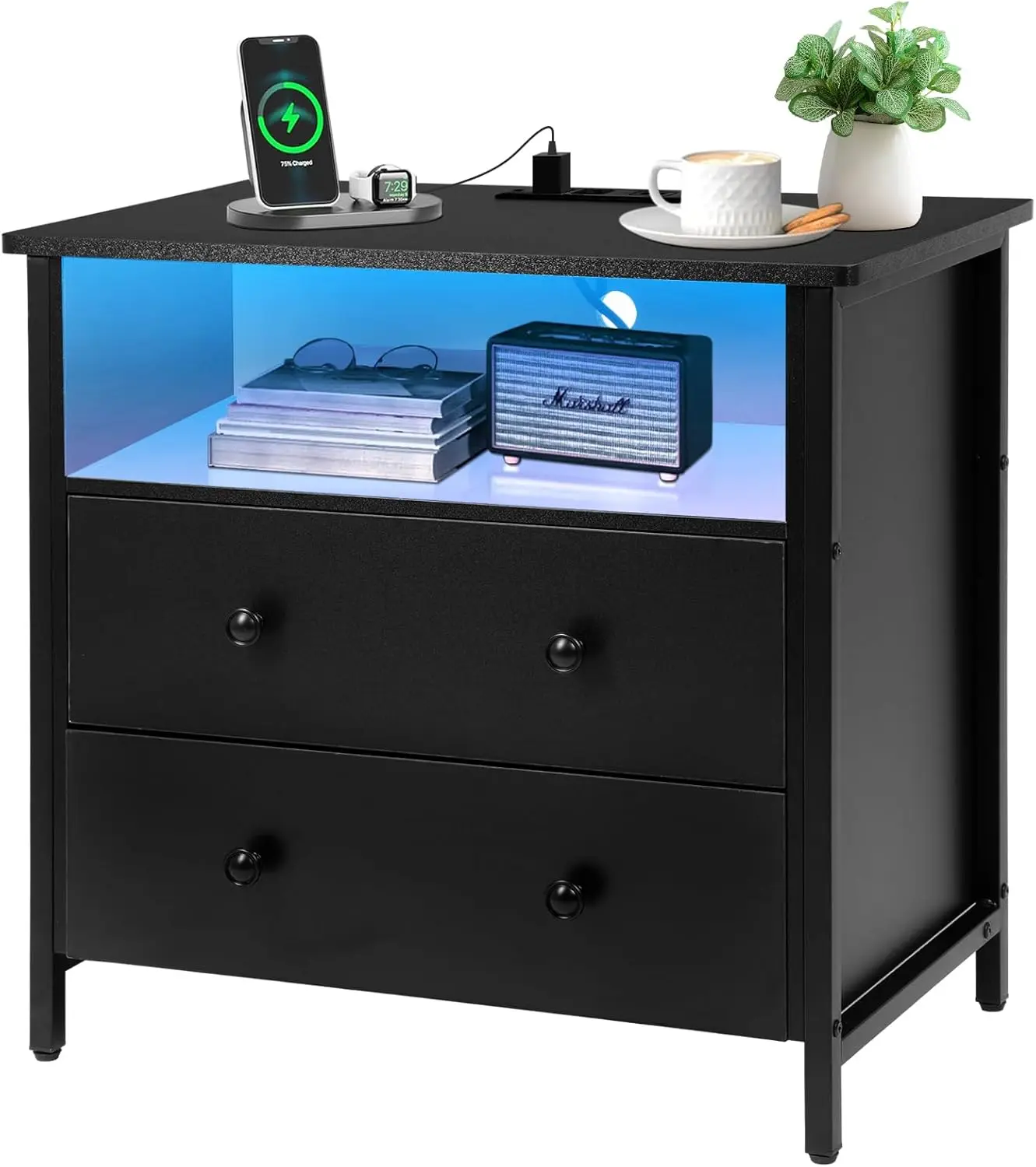 27 Inch Wide Night Stand,with 2 Drawer,with Charging Station and Adjustable Drawer, Bedside Table for Living Room, Black