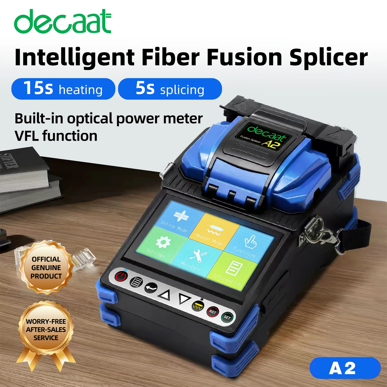 DECAAT A2 Fiber Optic Fusion Splicer ToolKits 5S Splicing 15s Heating Time Built in OPM+VFL Function,4.3 Inch Touch Screen