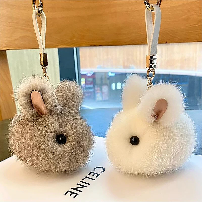 Mini Rabbit Fur Keychain para carro, Imitar Bunny Hairball, Pingente de Hangings, Chaveiro Acessórios