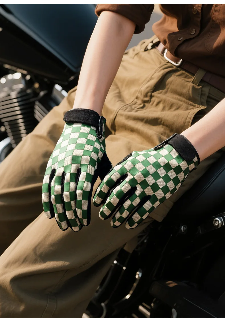 Retro Schachbrettmuster Motorradhandschuhe Touchscreen-fähig SBR Stoßdämpfer Atmungsaktiv Rutschfest Biker-Handschuhe für Männer und Frauen – Detail 12