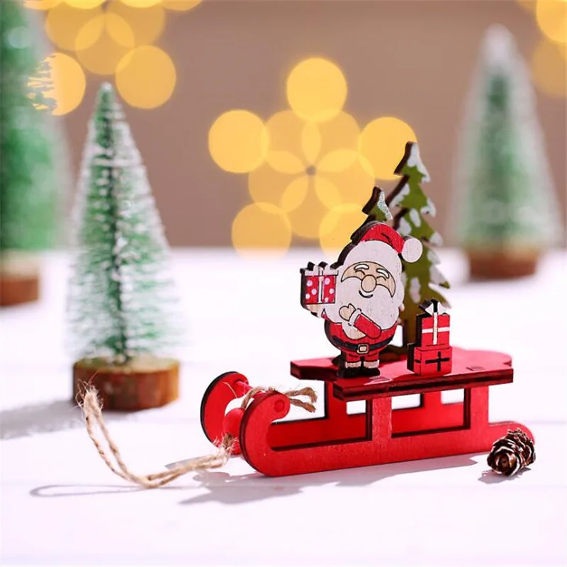 Wooden Sled Christmas Ornaments Xmas Home Wood Decoration Cartoon Old Man Snowman Elk Christmas Assembled Decor DIY House