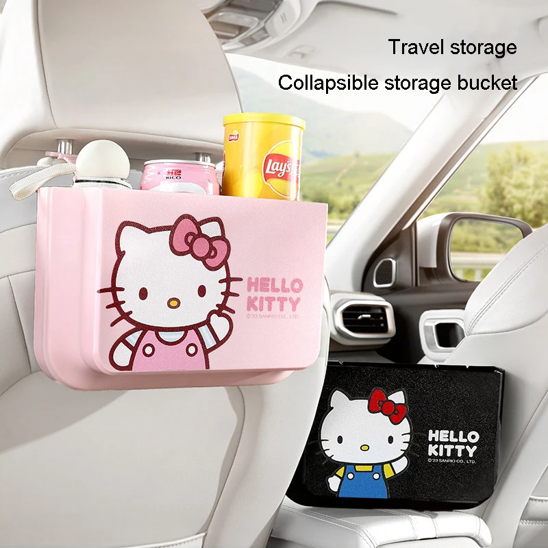 Kawaii Car Seat Back Garbage Can Storage Bucket Hanging Type Cartoon Storage Box Car Back Row Kt Cat Folding Telescopic Bucket