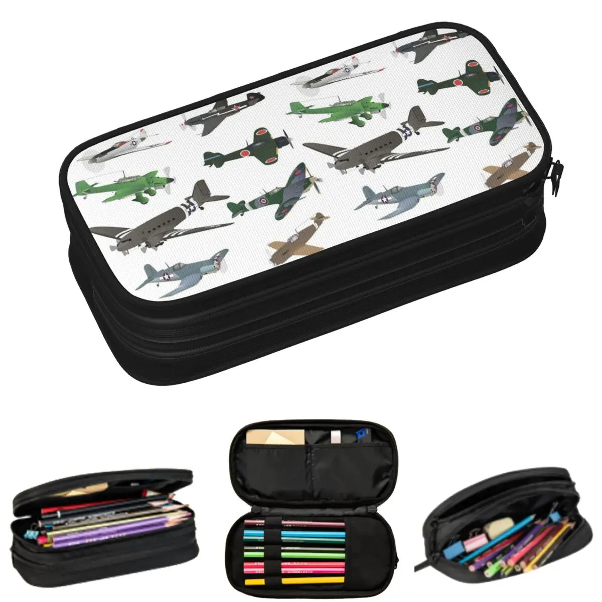 Multiple WW2 Airplanes Pencil Cases for Students Gifts Pen Box Pencil Bag Large Storage Pencil Pouch