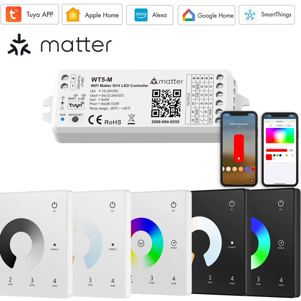 

DC12V-24V Matter Wifi 5in1 LED Controller Dimmer 2.4G RF CCT/RGB/RGBW Wall Touch Panel Remote Home APP Tuya APP for Alexa Google