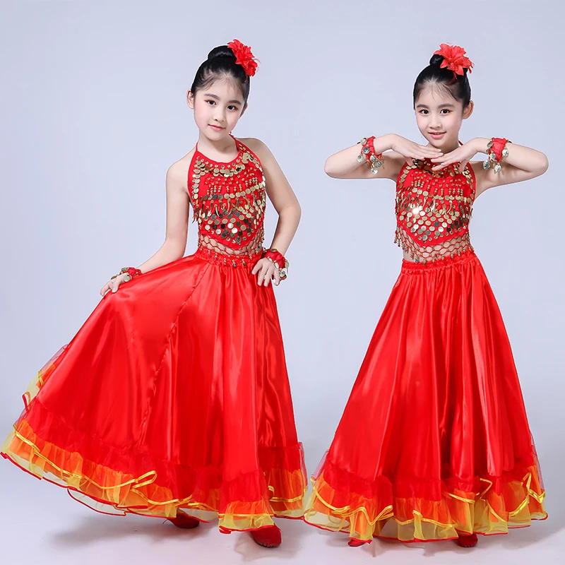 Girls Show Dance Dress Flamenco Spanish Gypsy Skirt Chorus Stage Performance Dresses for Girl Belly Spain Costume Kids 100-150cm