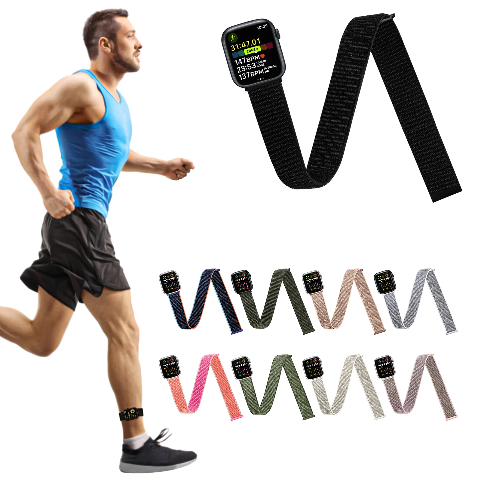 Sport-Knöchel-/Armbänder, kompatibel mit Apple Watch 49 mm, 45 mm, 44 mm, 42 mm, 41 mm, 40 mm, 38 mm, Nylonarmband für IWatch Ultra SE Serie 9