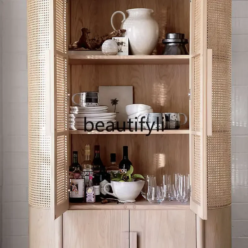 A32 Nordic solid wood rattan wine cabinet dining side cabinet dining room living room display storage cabinet