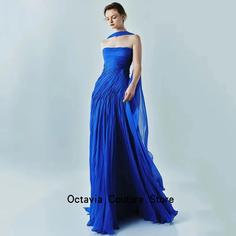 

Королевские синие вечерние платья, женское элегантное платье трапециевидной формы без бретелек для выпускного вечера, 2025, струящееся шелковое платье для выпускного вечера ручной работы по индивидуальному заказу