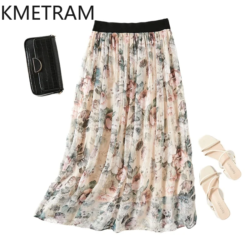 KMETRAM 100% Real Mulberry Silk Women's Skirts Fashion Floral Long Skirt Summer Vacation Beach Skirts 2026 Woman Clothes faldas