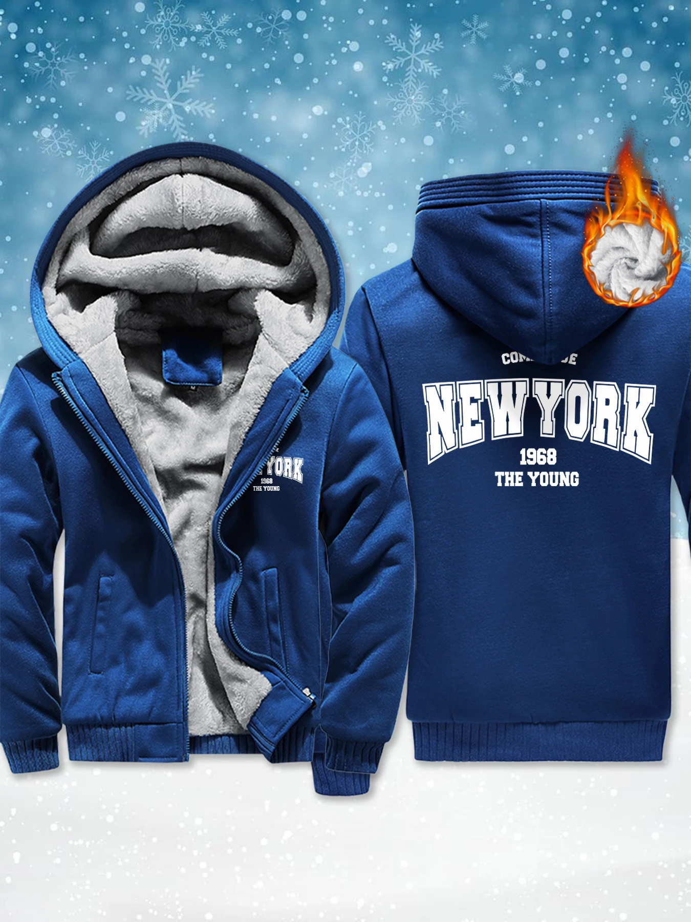 

New York The Young 1968 Pattern Male Basics Fleece Jackets Winter Zip-Up Veste Thicken Warm Hoodie Comfy Soft Streetwear Mens