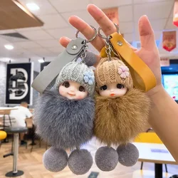 Cute Expression Face Baby Pompom Keychain Real Fox Fur Pendant For Women Bag Car Key Ring Girl Gift Charm Plush Doll Key Chain