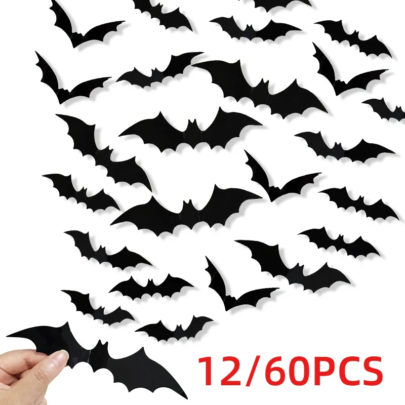 12/60PCS 3D Waterproof Black Bat Halloween Decorative Wall Stickers Holiday Home Decoration Stickers