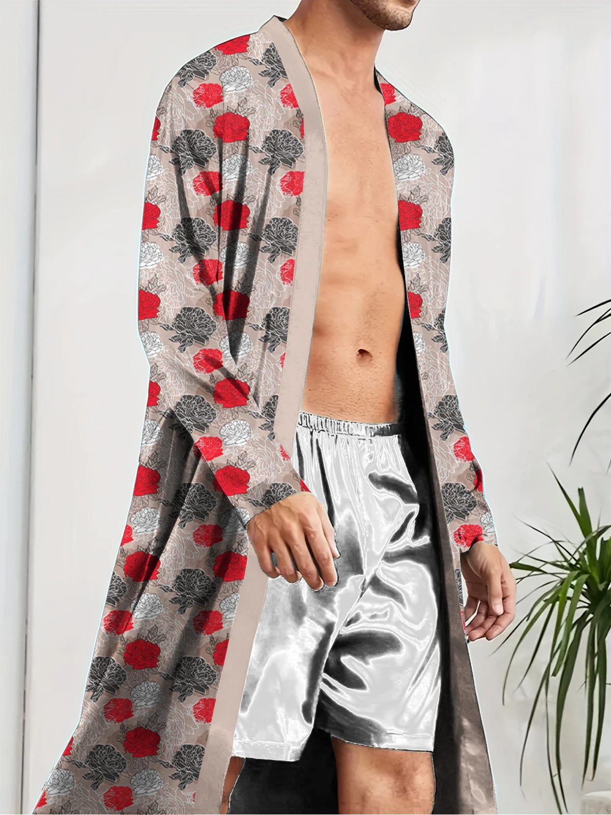 رداء نوم رجالي للربيع والخريف بنمط ورود مطبوعة رقمية، نمط منزلي رفيع، ملابس نوم غير رسمية عصرية سريعة الجفاف #3