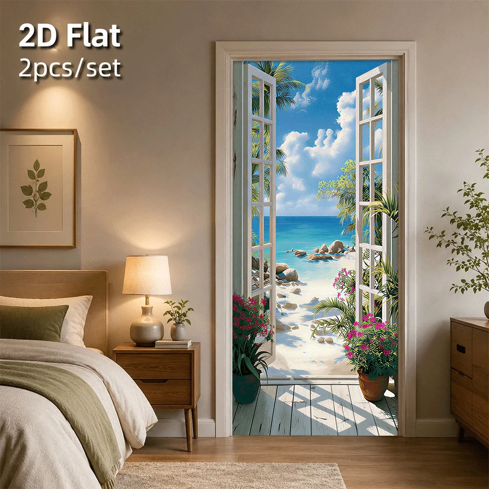 1 piece of seaside scenery door sticker, tropical beach palm tree decoration sticker, waterproof self-adhesive bedroom living ro view 6