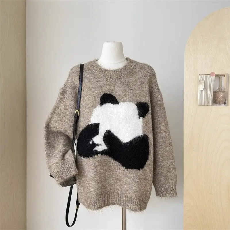 Women's 2024 New Sweater Jacquard Autumn Winter Design Cartoon Panda Embroidery Loose Fashion Casual Knitted Long Sleeved Top