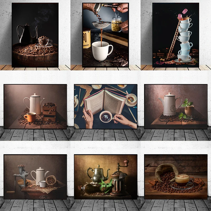 Vintage Hand Ground Coffee Canvas Painting, Latte Posters and Prints, Kitchen Cafe Wall Art Picture, Home Restaurant Decor