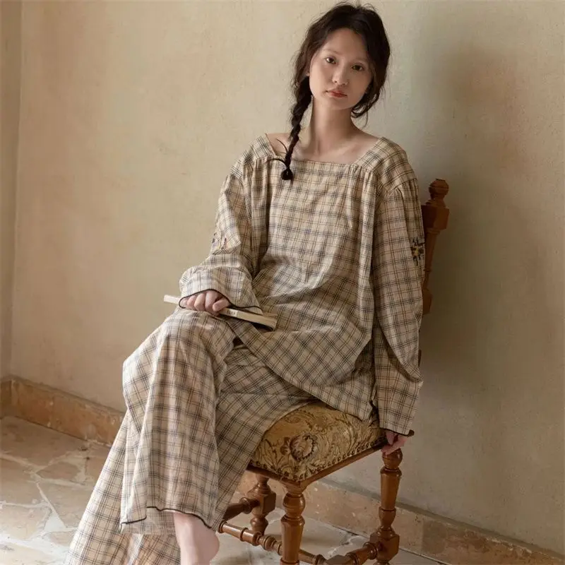 봄과 가을을 위한 달콤한 체크무늬 소녀 잠옷 세트 패션 홈웨어 새로운 한국 버전 연꽃잎 가장자리 소매