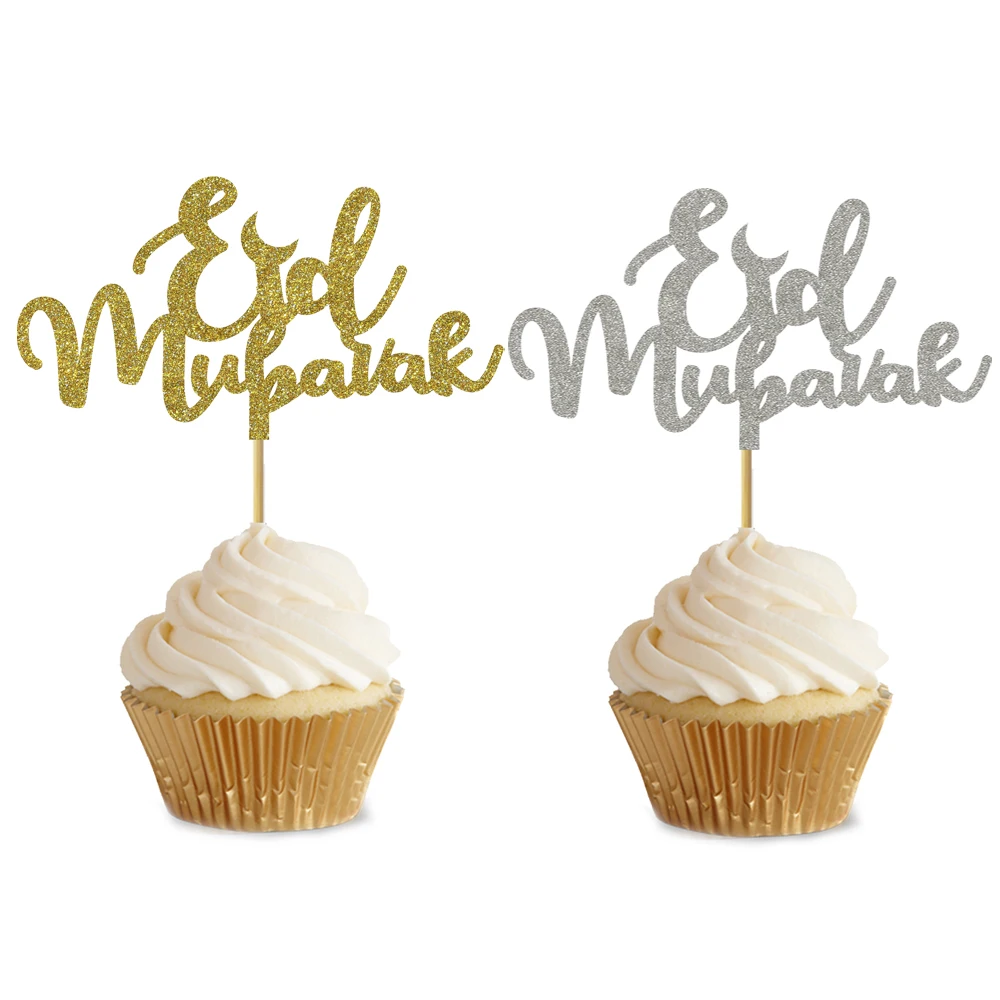 20 Pezzi 3x5 Pollici Glitter Oro Glitter Argento Eid Mubarak Cupcake Topper Per Eid Party Decorazione Cupcake