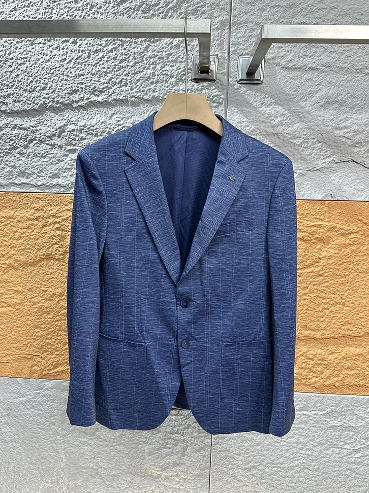 

Модный полосатый эластичный повседневный костюм с отложным воротником, весна-лето, новинка, мужская одежда, приталенный крой, городской стиль, длинный...