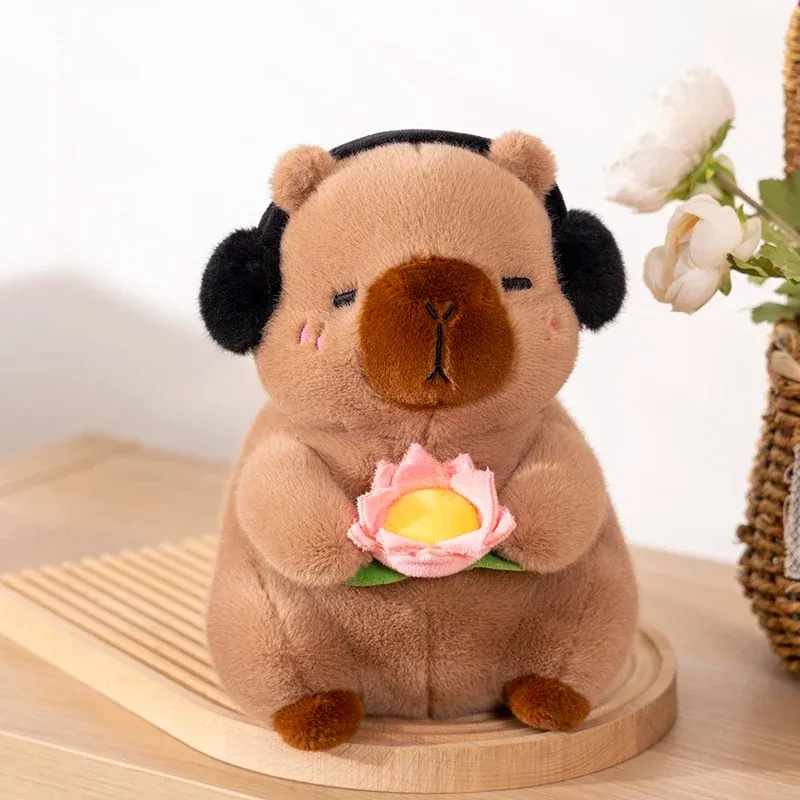 Cute Capybara Plush Toy Stuffed Animals Capybara Hold Lotus Flower White-face Monkey Soft Doll Kids Toys Birthday Christmas Gift