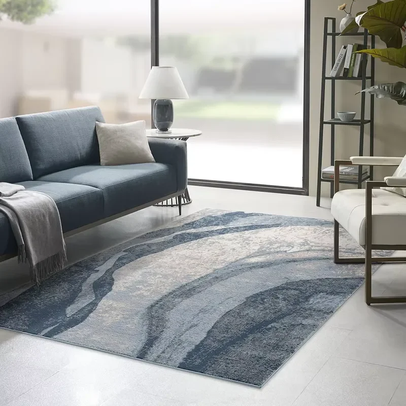 Abstract Marble Blue Grey Area Rug, Non-Slip Washable Modern Swirl Carpet for Living Room Bedroom, Soft Indoor Floor Mat Home