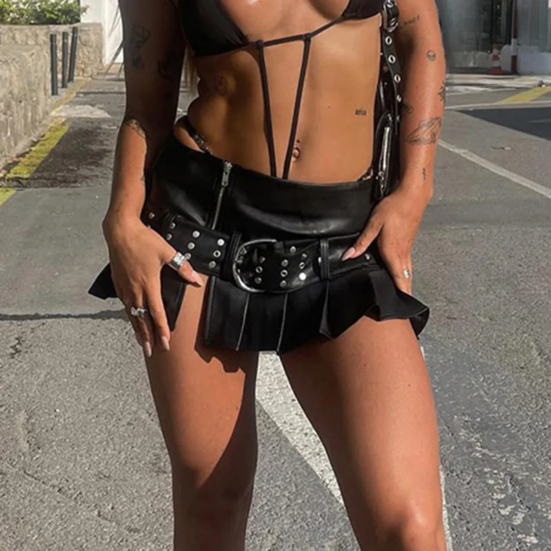 IAMHOTTY Sexy Pu Leather A-line Pleated Mini Skirt Black Dropped Waist Slit Super-short SKirts With Belt Women Punk Streetwear