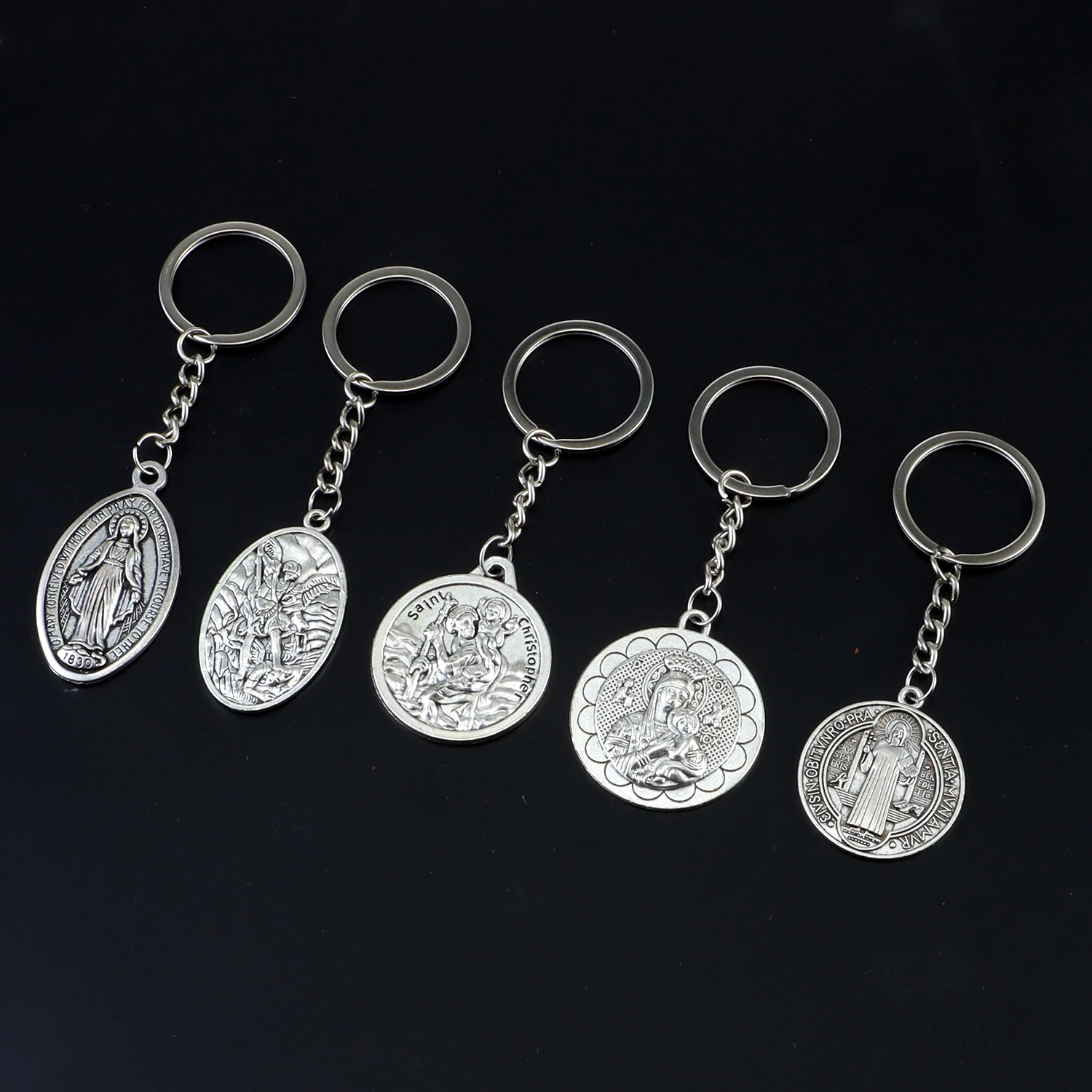 Catholic Virgin Mary Alloy Keychain Antique Sliver Color St. Benedict's Brand Pendant Key Ring for Bag&Phone Case&Key Pendant