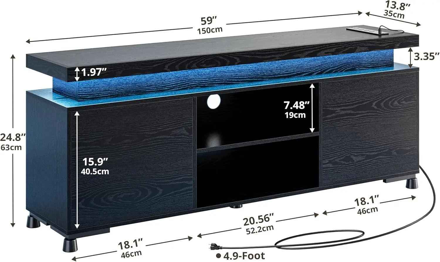 Suportes de TV para TVs 65 + polegadas com tomada de energia de luzes LED, console de TV moderno, centro de entretenimento, armário de armazenamento para sala de estar