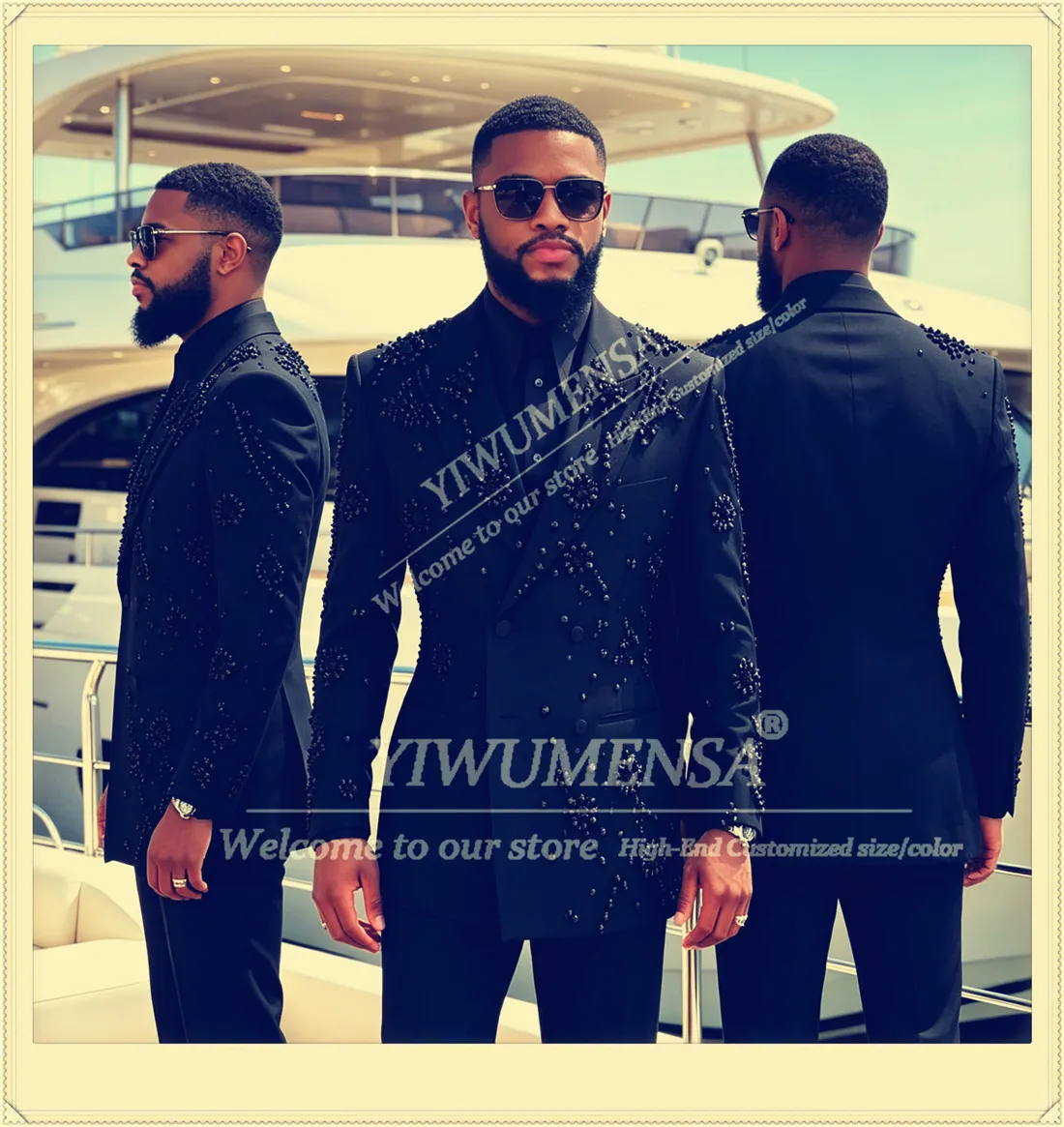 

Male Fashion Diamond Beaded Suit Men Formal Wear Double Breasted Jacket Pants 2 Piece Sets Groom Wedding Tuxedos Customized 2026
