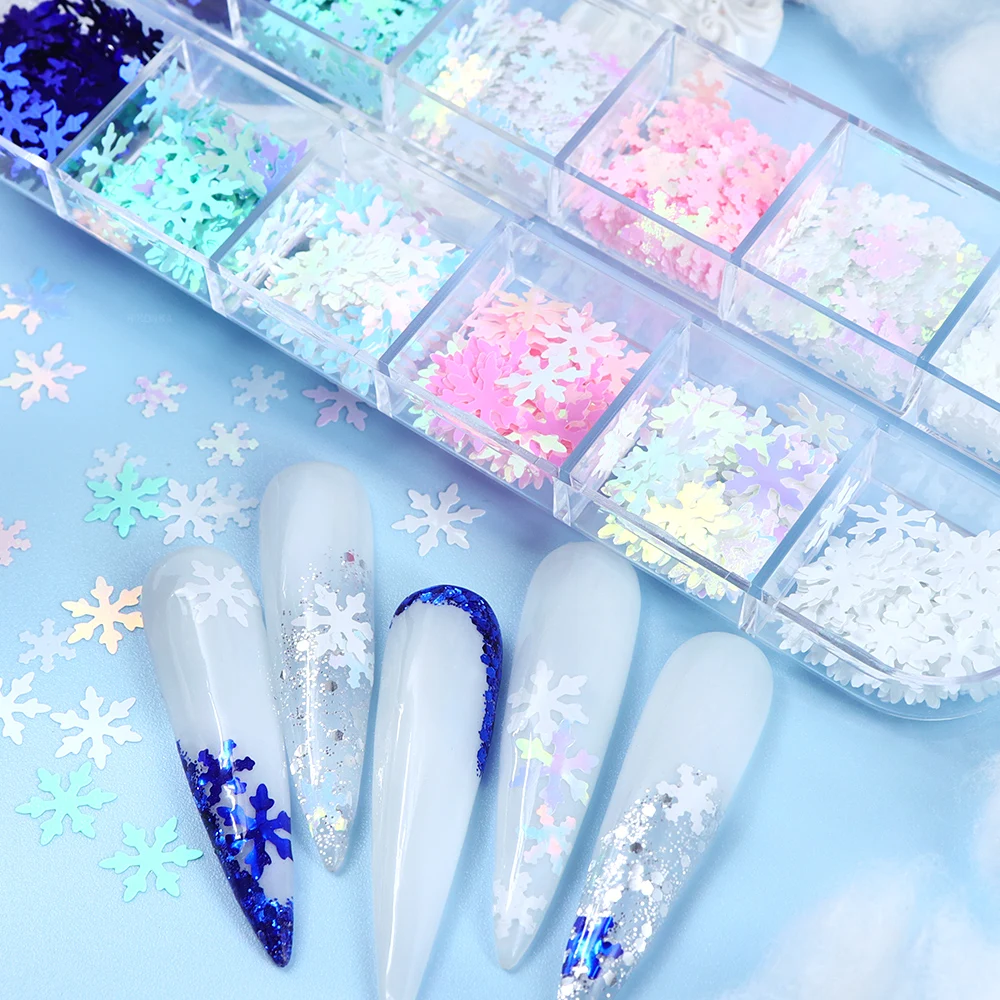 Flocons de neige irisés pour décorations d'art d'ongle, démontrent de neige d'hiver, paillettes de Noël, bleu, blanc, accessoires de bricolage de manucure