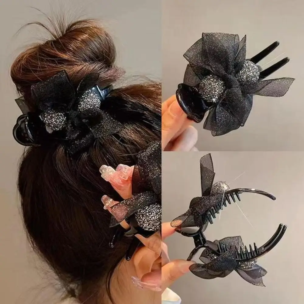 French Style Lace Bow Hair Clips Sweet Rhinestone Bead Champagne/Black Hair Claws Hair Accessories Bow Hairpin for Women Girls