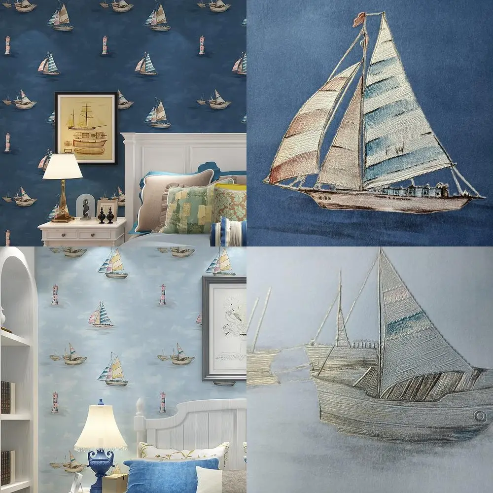 

Темно-синяя 3D детская настенная роспись, парусная лодка, маяк, рельефная комната для мальчиков, магазин одежды, средиземноморские обои с героями мультфильмов