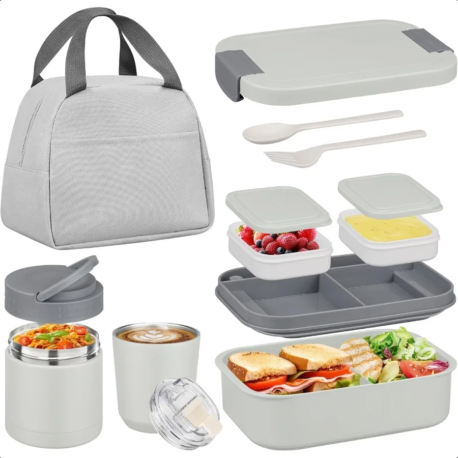 

Bento Lunch Box Set with 10.5oz Soup Thermo Food Jar for Adults Stainl Steel Leakproof Lunch Container with 4 Compartment Coffe