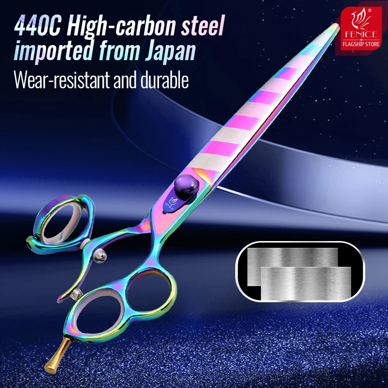 Fenice Dog Scissors Professional 8 inch 3 Hole Handle Swivels Rainbow Flip Stripe Straight Curved Pet Grooming Scissors JP440C