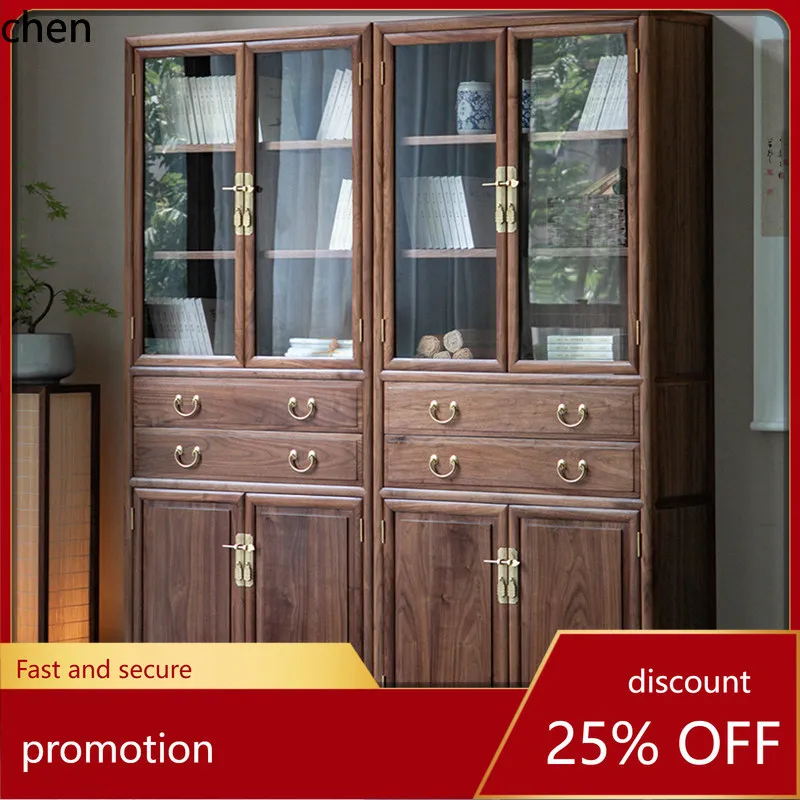 CZ Black Walnut Wood Combination Bookcase with Glass Door, Floor-standing Display Bookshelf